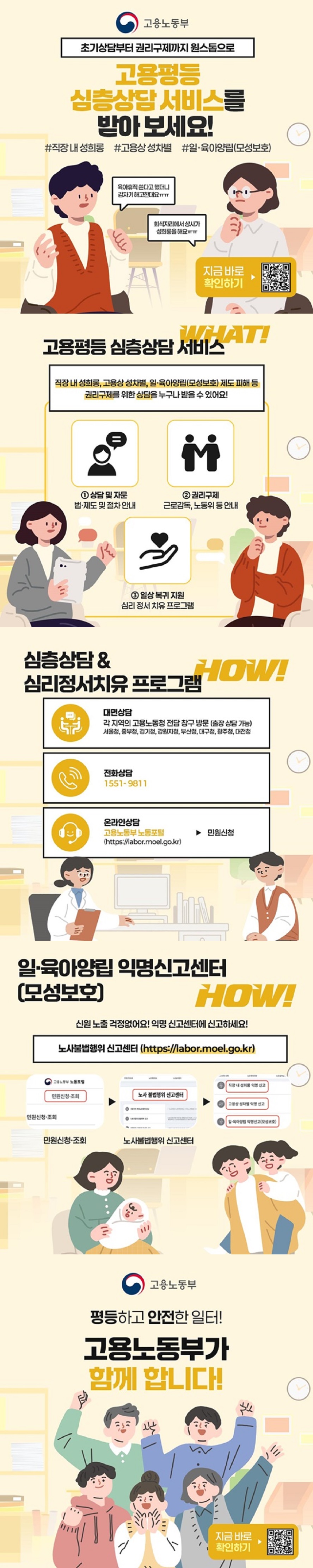 초기상담부터 권리구제까지 원스톱으로 고용평등 심층상담 서비스를 받아 보세요! #직장 내 성희롱 #고용상 성차별 #일 육아양립(모성보호) 육아휴직 쓴다고 했더니 갑자기 해고한대요ㅠㅠ 회식자리에서 상사가 성희롱을 해요ㅠㅠ 고용노동부 ■ 고용평등 심층상담 서비스 직장 내 성희롱, 고용상 성차별, 일·육아양립(모성보호) 제도 피해 등 권리구제를 위한 상담을 누구나 받을 수 있어요! ① 상담 및 자문 - 법·제도 및 절차 안내 ② 권리구제 - 근로감독, 노동위 등 안내 ③ 일상 복귀 지원 - 심리 정서 치유 프로그램 ■ 심층상담 & 심리정서치유 프로그램 · 대면상담 각 지역의 고용노동청 전담 창구 방문(출장 상담 가능) 서울청, 중부청, 경기청, 강원지청, 부산청, 대구청, 광주청, 대전청 · 전화상담 : ☎1551-9811 · 온라인상담 : 고용노동부 노동포털 (https://labor.moel.go.kr)→ 민원신청 ■ 일·육아양립 익명신고센터(모성보호) 신원 노출 걱정없어요! 익명 신고센터에 신고하세요! ☞ 노사불법행위 신고센터 (https://labor.moel.go.kr) 평등하고 안전한 일터! 고용노동부가 함께 합니다!